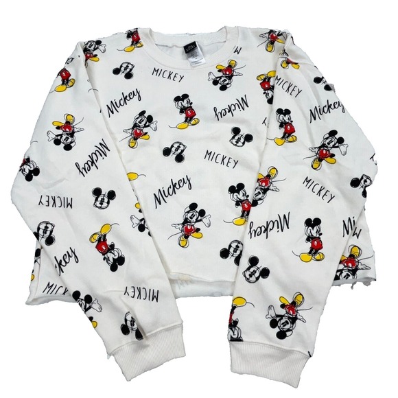 Disney Tops - Disney Sweatshirt Women XL White Crew Neck Sweater Crop Top All Over Print Micke